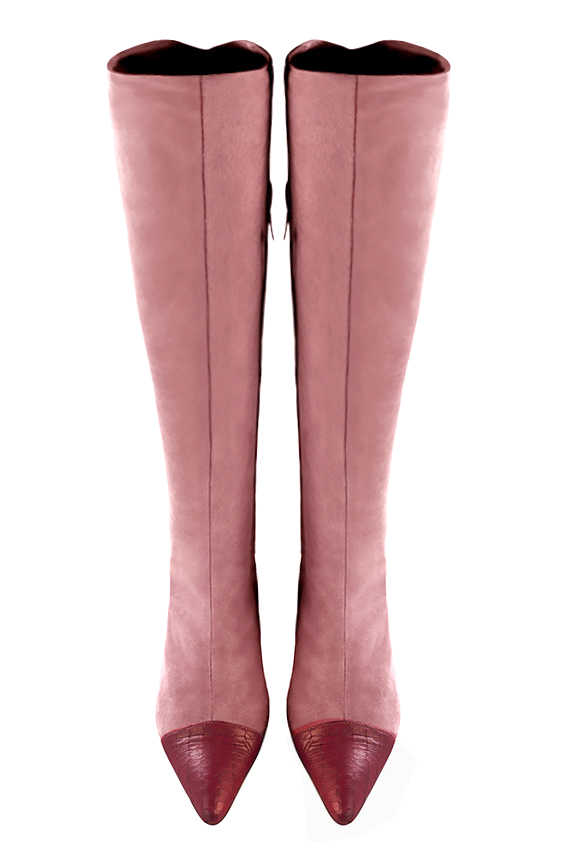 Burgundy red and dusty rose pink women's knee-high boots, with laces at the back. Tapered toe. High block heels. Made to measure. Top view - Florence KOOIJMAN